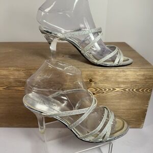 Nina Silver Strappy Stiletto Clear Heels SZ 8M Glitter Sparkle Party Formal Glam